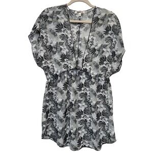 Miken Swim Cover Up Dress L Gray Tropical Floral Sheer Beach Boho Resort Relaxed